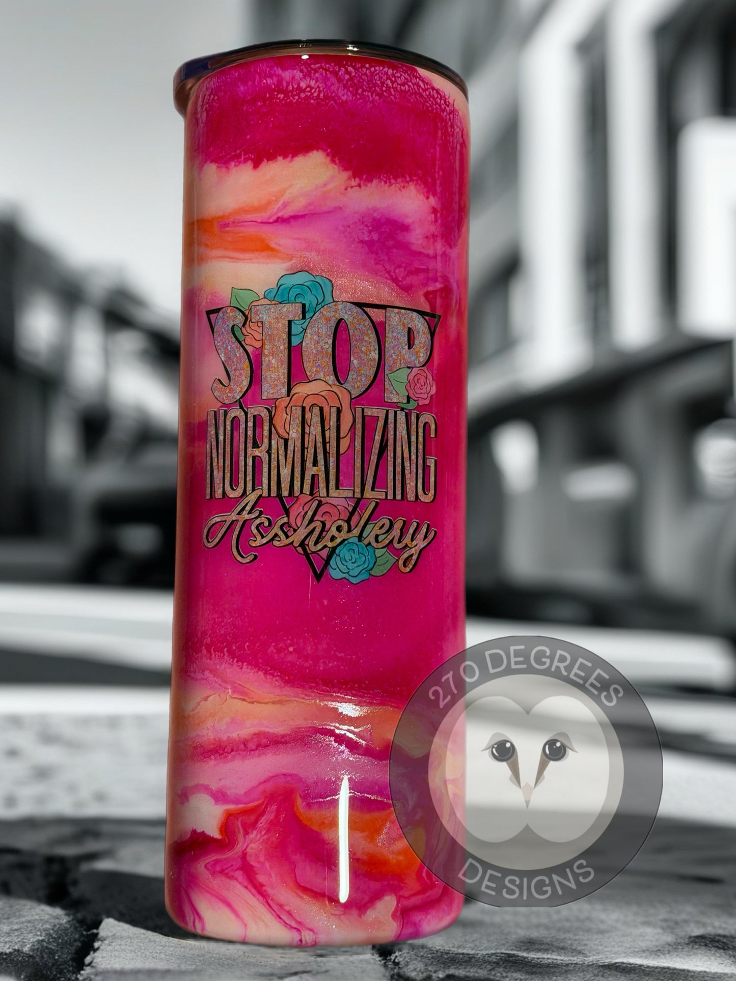Stop Normalizing - 20 oz. Skinny Tumbler w/handle (glows in the dark)